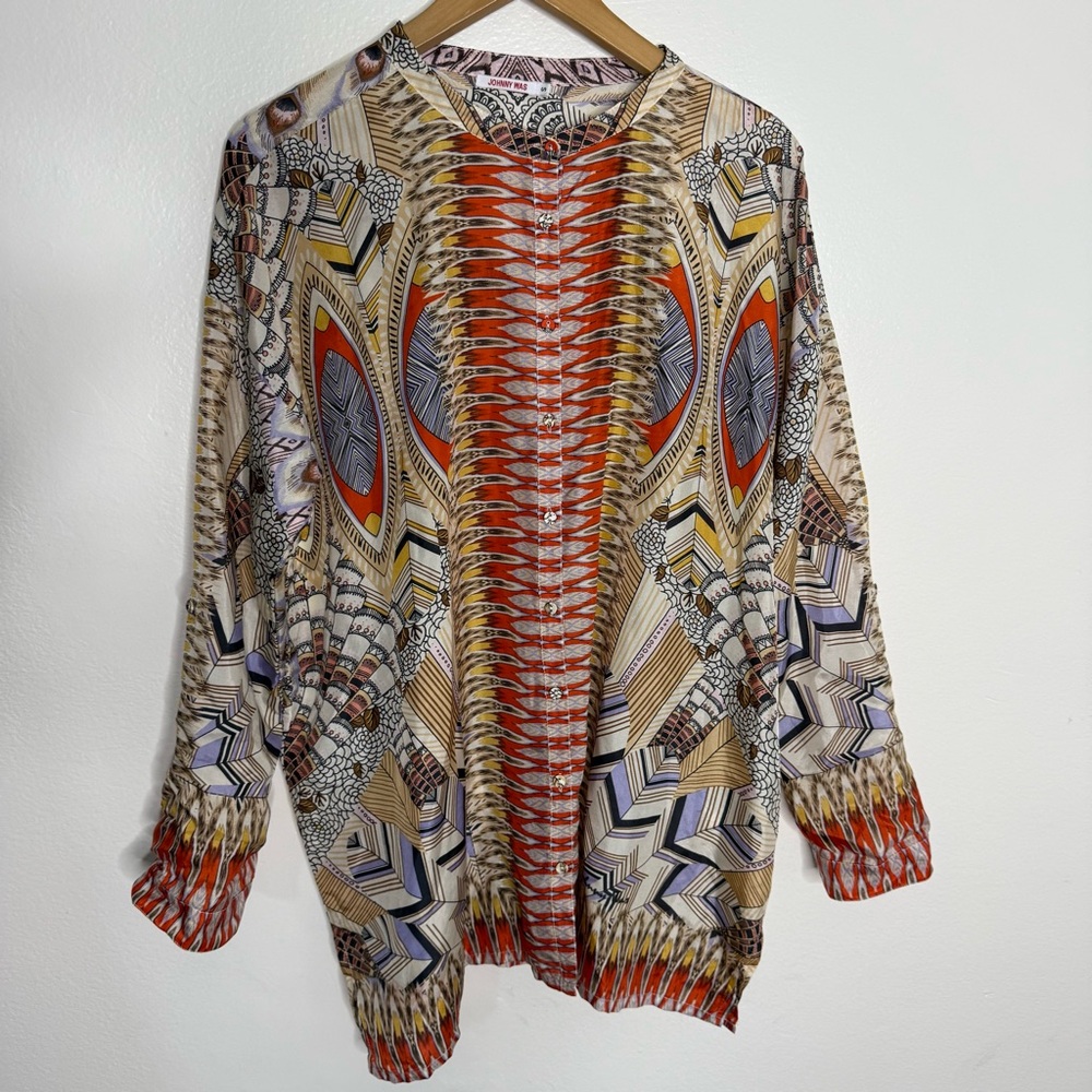 Johnny Was Silk Feather Print Tunic top Button Down Sz S oversized Boho